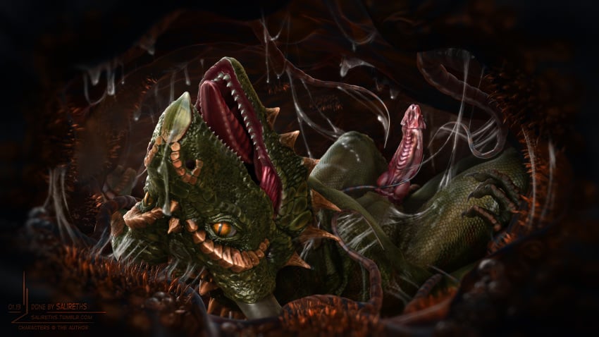 3d anthro dinosaur dragon erection green_scales hi_res internal lizard lying male male_only on_back open_mouth parasite penis photorealism realistic reptile salireths scalie sequence sharp_teeth soft_vore solo stomach teeth tentacle vore worm