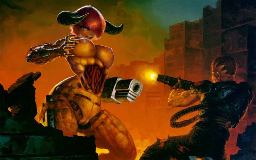 1boy 1girls breasts claws demon demon_girl doom doom_slayer_(doom) duo fat_mons female gun hair_over_one_eye hdoom horns huge_breasts human humanoid male nipples nude perky_breasts pink_areola pink_hair pink_nipples plantpenetrator puffy_areola pussy ranged_weapon shotgun size_difference small_nipples tyrant_(doom) weapon wet_pussy yellow_eyes