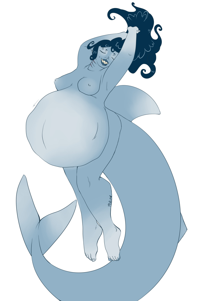 alpha_channel anthro blue_skin breasts fangs female fish hi_res human_feet marine mookierific nipples plain_background shark solo stomach_bulge transparent_background vore vore_belly