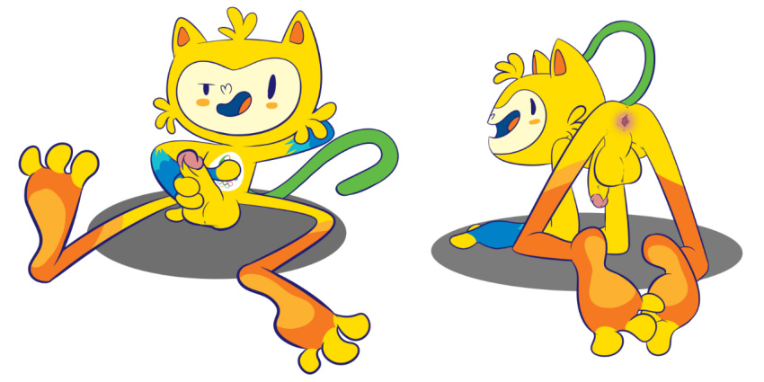 1boy 2014 2016_rio_olympics anthro anus ass balls blush erection feline flaccid hair hindpaw humanoid_penis jerseydevil looking_at_viewer male male_only mammal mascot masturbation olympics open_mouth paws penis plain_background smile solo tongue tongue_out uncut vinicius_(mascot)