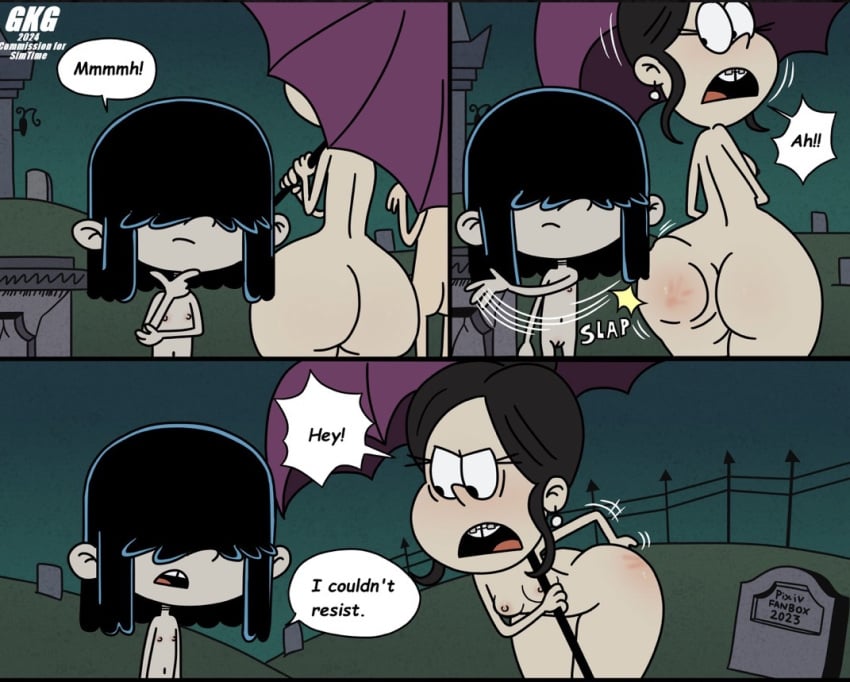 2girls big_ass black_hair braces breasts goth goth_girl grey_skin hair_covering_eyes hair_over_eyes harassment lucy_loud nickelodeon nickelodeon_animation_studio nipples persephone_(the_loud_house) slap_mark slapping_ass spank_marks spanking_ass the_loud_house wide_hips