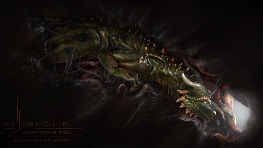 3d anal anthro dinosaur dragon erection full_tour green_scales hi_res internal lizard lying male male_only on_back open_mouth penis photorealism realistic reptile salireths scalie sequence sharp_teeth soft_vore solo teeth vore