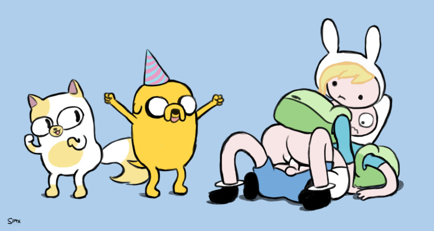 1girls 2boys 2girls adventure_time ass backpack bag balls black_nose blonde_hair cake_the_cat canine cartoon_network casual clothed clothing fake_ears feline female finn_the_human fionna_the_human_girl group hair hat human jake_the_dog male mammal open_mouth selfcest sex simx smile straight toony watching