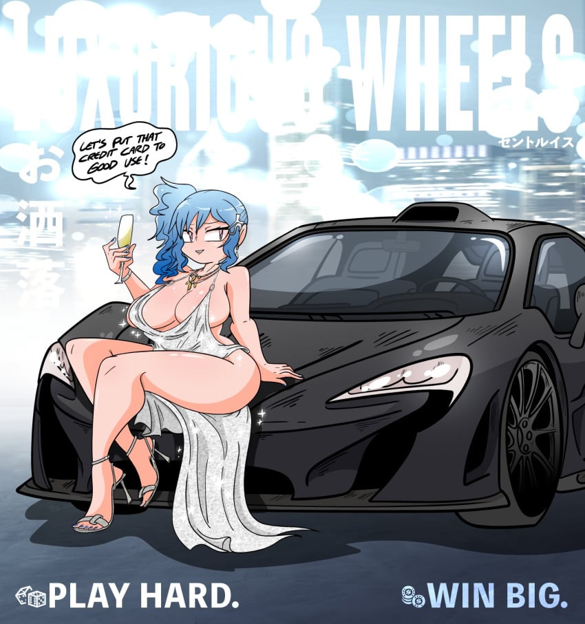 1girls azur_lane blue_hair breasts car dress eagle_union_(azur_lane) english_text female female_only heels huge_breasts light-skinned_female light_skin mattyburrito on_car on_vehicle pink_eyes ponytail side_ponytail sitting_on_car solo st._louis_(azur_lane) st._louis_(luxurious_wheels)_(azur_lane) tagme text vehicle