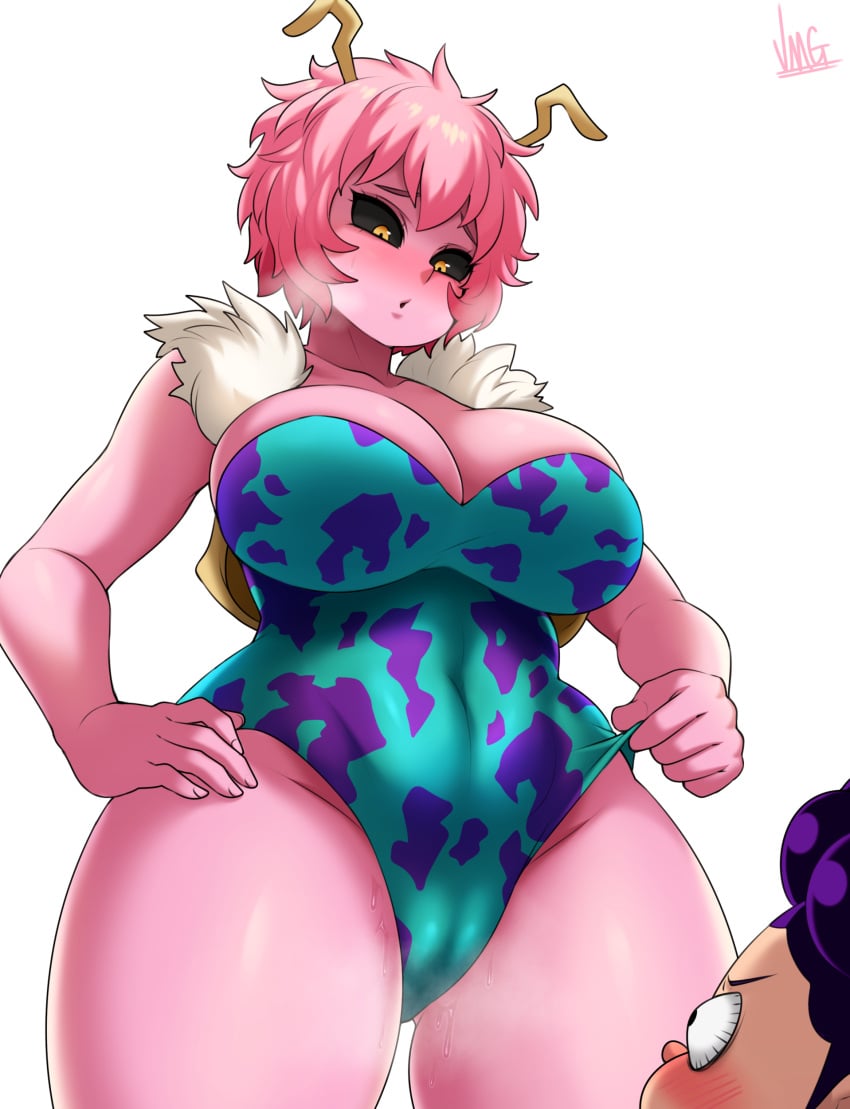 1boy 1girls big_breasts cameltoe from_below hero_outfit_(mha) hi_res jmg large_breasts leotard mina_ashido minoru_mineta my_hero_academia pink_body pink_hair pink_skin solo_focus thighs