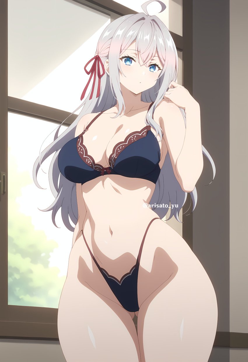 ahoge ai_generated alisa_mikhailovna_kujou arisato_yu ass_visible_from_the_front ass_visible_through_thighs blue_eyes hair_ornament lingerie medium_breasts medium_hair tokidoki_bosotto_russian_de_dereru_tonari_no_alya-san white_hair