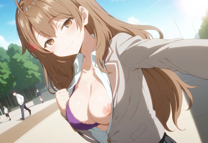 ai_generated big_breasts bra_visible_through_clothes breasts_out brown_eyes brown_hair exposed_breasts huge_bra huge_breasts kiwifruit0501 light-skinned_female light_skin long_hair looking_at_viewer maria_mikhailovna_kujou massive_breasts public_indecency school_uniform schoolgirl smiling solo_female tokidoki_bosotto_russian_de_dereru_tonari_no_alya-san voluptuous_female