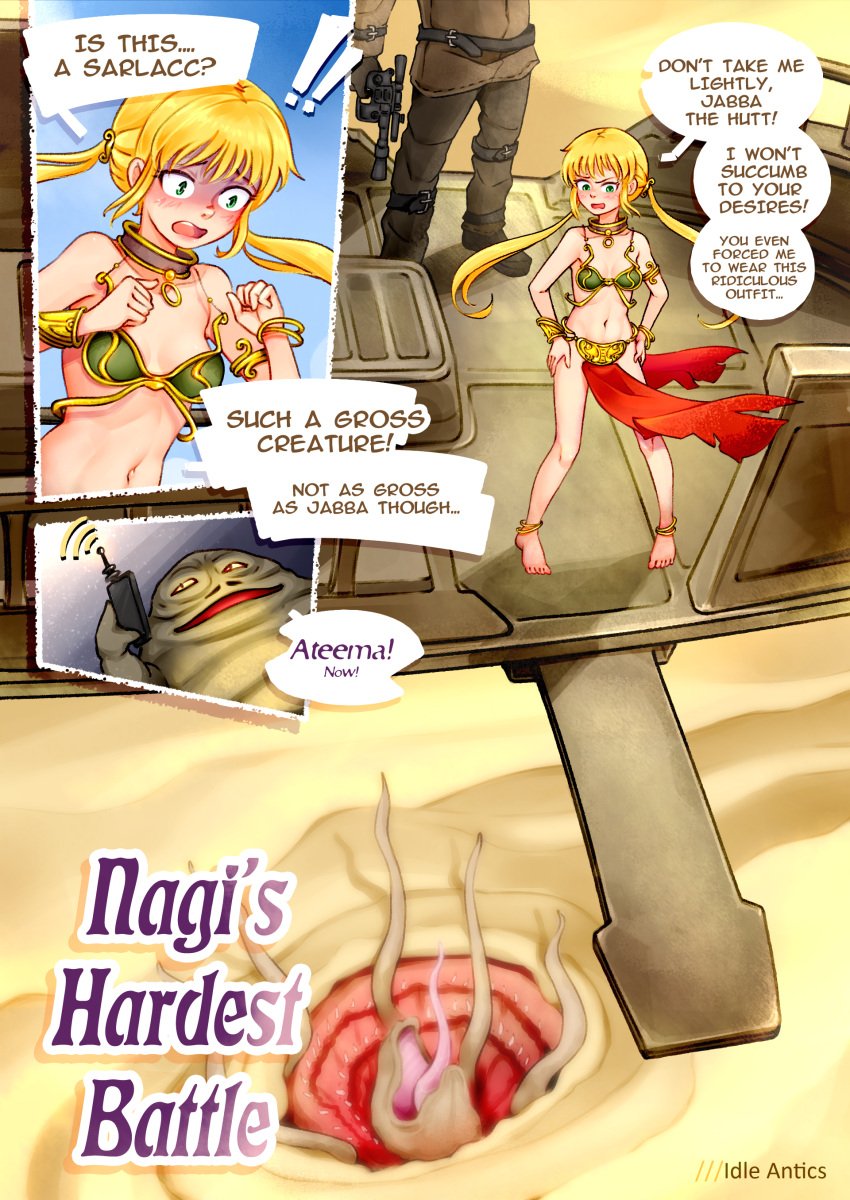 afraid angry anklet barefoot belly_dancer_outfit blonde_hair bracelet bracelets comic comic_page green_eyes hands_on_hips idle_antics jabba_the_hutt nagi_sanzenin sarlacc slave_bikini slave_collar slave_leia_(cosplay) slave_outfit slavegirl star_wars twintails