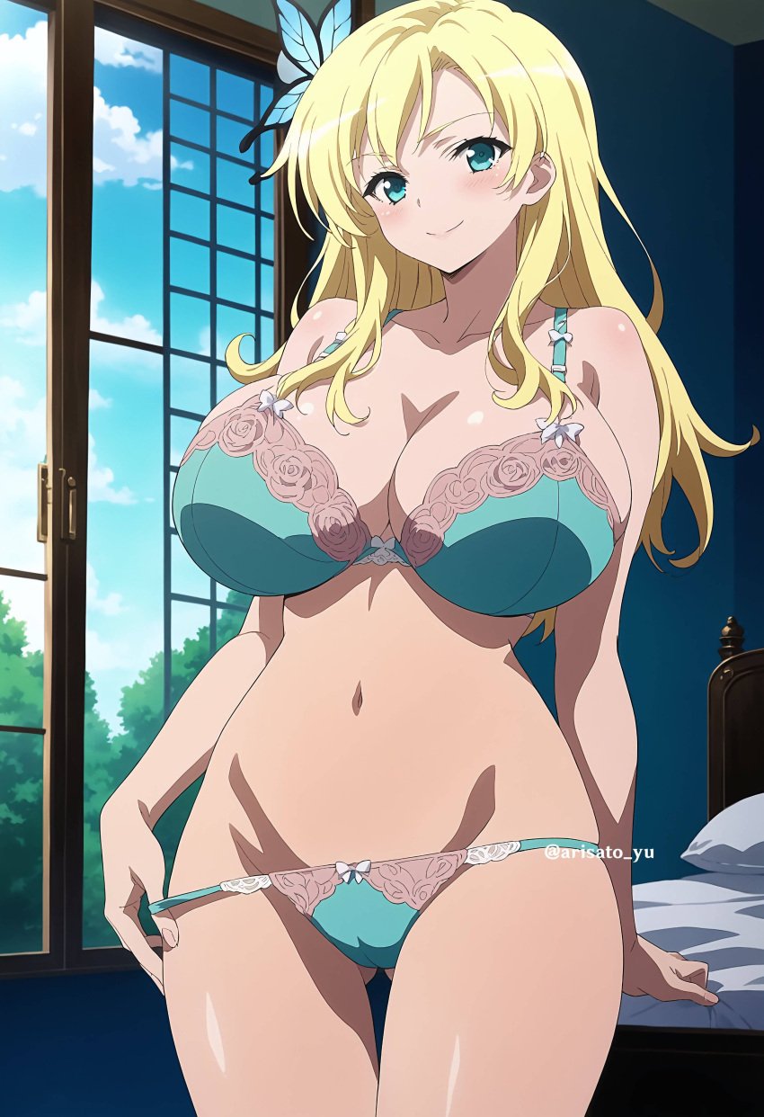 ai_generated arisato_yu big_breasts blonde_hair blush boku_wa_tomodachi_ga_sukunai butterfly_hair_ornament green_eyes long_hair looking_at_viewer pointy_chin sena_kashiwazaki smiling_at_viewer thick_thighs underwear