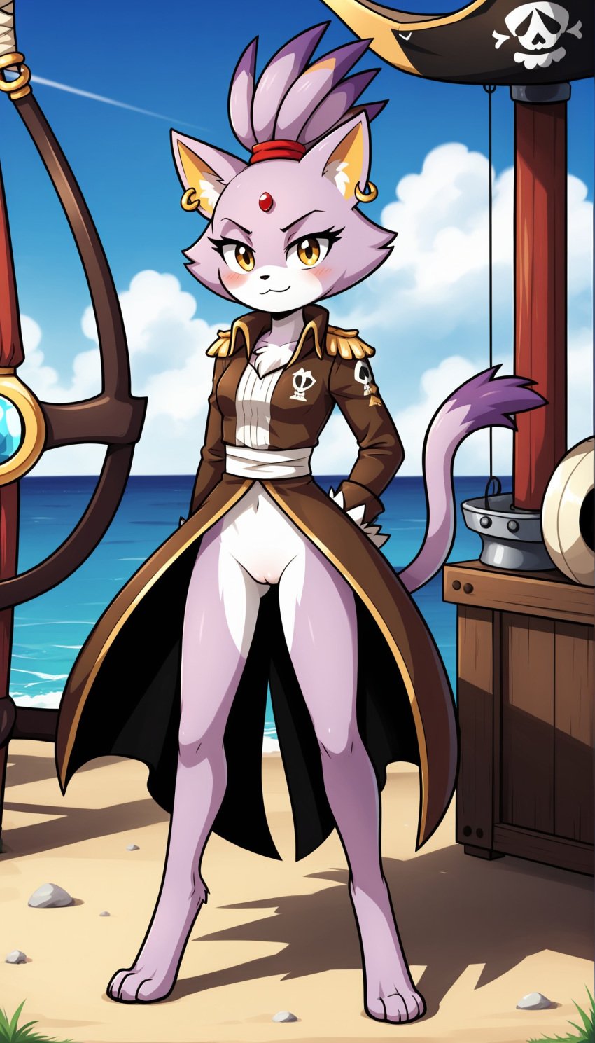 1girls 2024 ai_generated anthro beach blaze_the_cat blushing blushing_at_viewer bottomless bottomless_female digitigrade ear_piercing earrings feline female female_only hi_res innie_pussy looking_at_viewer outdoors pirate pirate_outfit purple_fur pussy seaside sega smile sonic_(series) sonic_the_hedgehog_(series) white_fur yellow_eyes