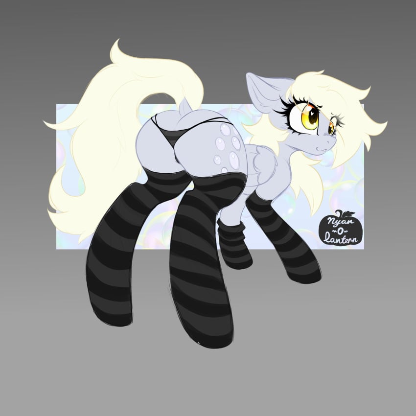 1girls ass ass_focus blonde_female blonde_hair booty cute_face derpy_eyes derpy_hooves grey_fur messy_hair mlp:fim mlp_g4 my_little_pony my_little_pony_friendship_is_magic nyan_o_lantern(artist) panties pegasus pony silly silly_face socks striped_legwear thigh_highs thighhighs thong yellow_eyes