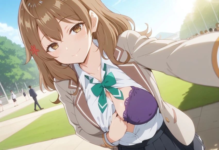 ai_generated big_breasts bra_visible_through_clothes brown_eyes brown_hair exposed_breasts huge_bra huge_breasts kiwifruit0501 light-skinned_female light_skin long_hair looking_at_viewer maria_mikhailovna_kujou massive_breasts public_indecency school_uniform schoolgirl smiling solo_female tokidoki_bosotto_russian_de_dereru_tonari_no_alya-san voluptuous voluptuous_female