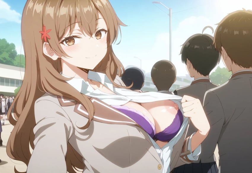 ai_generated areolae_visible_through_clothing big_breasts bra_visible_through_clothes brown_eyes brown_hair exposed_breasts huge_bra huge_breasts kiwifruit0501 light-skinned_female light_skin long_hair looking_at_viewer maria_mikhailovna_kujou massive_breasts nipples_visible_through_clothing public_indecency school_uniform schoolgirl smiling solo_female tokidoki_bosotto_russian_de_dereru_tonari_no_alya-san voluptuous voluptuous_female