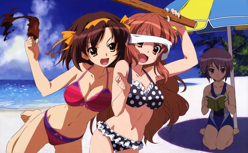 3girls absurdres asahina_mikuru ass_visible_through_thighs barefoot beach beach_umbrella bikini blindfold book breasts brown_eyes brown_hair cleavage cloud competition_swimsuit day detexted food hairband highres ice_cream imageboard_desourced large_breasts long_hair medium_breasts mole mole_on_breast multiple_girls nagato_yuki navel non-web_source ocean official_art one-piece_swimsuit orange_hairband outdoors parasol photoshop_(medium) polka_dot polka_dot_bikini popsicle purple_hair short_hair sitting sky standing standing_on_one_leg striped_bikini striped_clothes suzumiya_haruhi suzumiya_haruhi_no_yuuutsu swimsuit takemoto_yasuhiro third-party_edit umbrella very_long_hair wariza