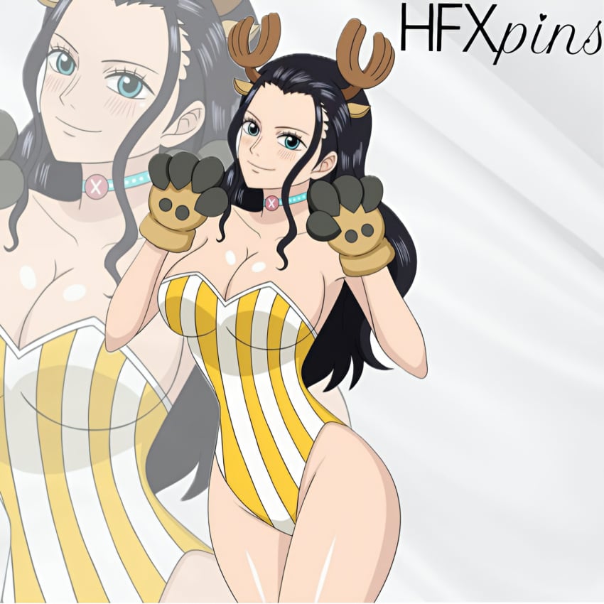 1girls 2024 2024s 2d 2d_(artwork) 2d_artwork antlers big_breasts black_hair blue_eyes breasts cleavage cosplay female female_focus female_only hair hi_res horns leotard nico_robin one_piece reindeer reindeer_antlers reindeer_costume signature simple_background smile solo striped_leotard tony_tony_chopper_(cosplay) white_background