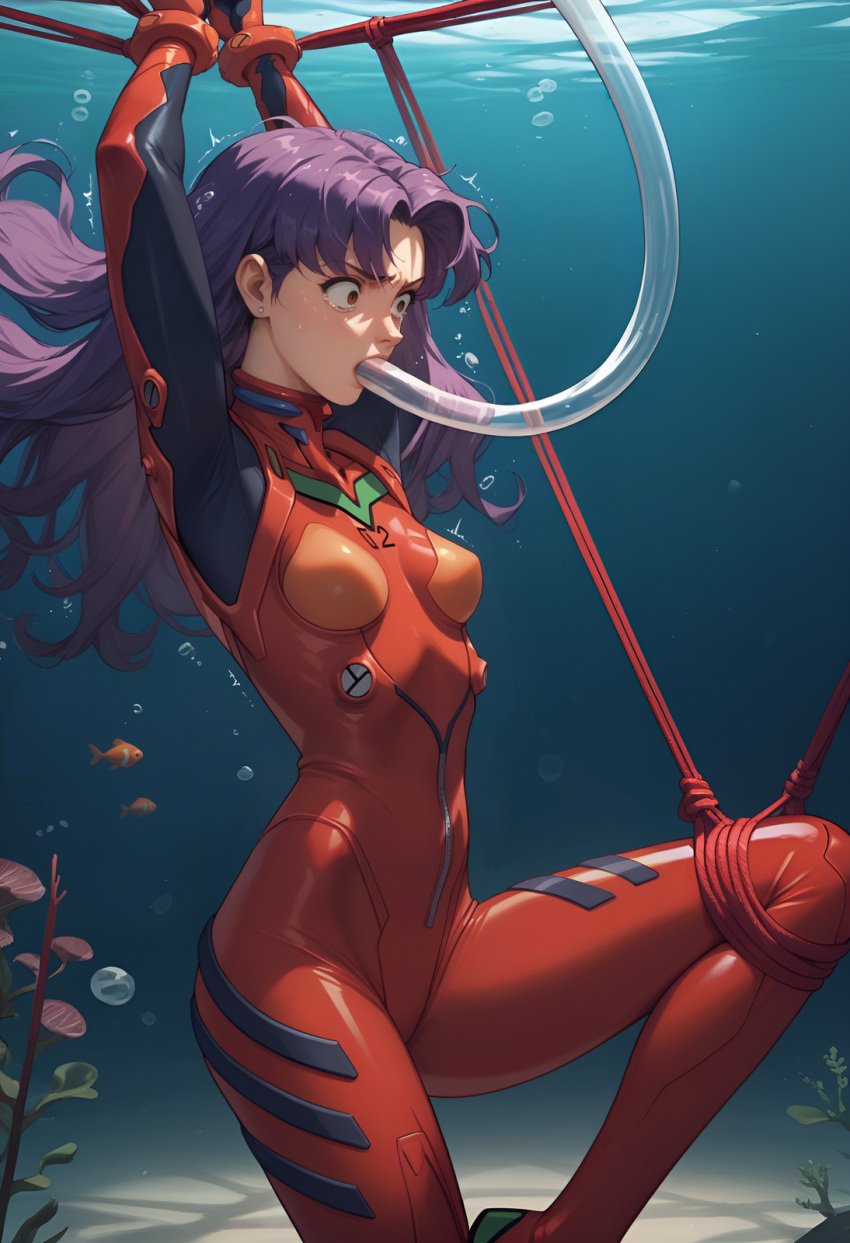 ai_generated air_bubble air_bubbles asphyxiation asuka_langley_sohryu_(cosplay) bondage bound breathing_tube breathplay drowning latex latex_bodysuit latex_suit misato_katsuragi neon_genesis_evangelion nordslate plugsuit restrained scared scared_expression stable_diffusion tube tube_in_mouth underwater water_torture