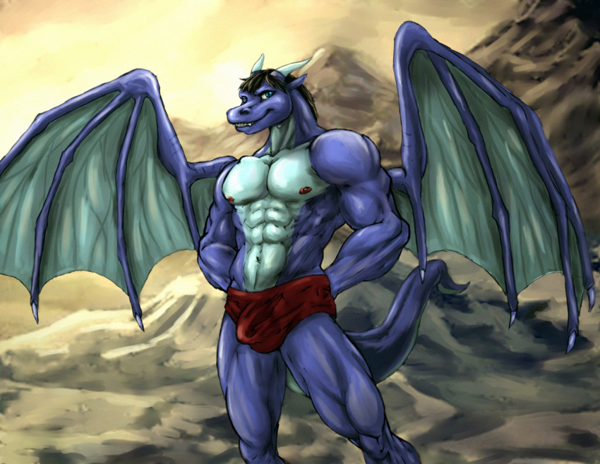 1boy abs anthro biceps big_muscles black_hair bleakcat blue_eyes blue_skin briefs bulge clothed clothing dragon fangs grey_skin grin hair half-dressed horn looking_at_viewer male male_only mountain muscles nipples outside pecs pose reptile scales scalie smile solo standing teeth toned topless underwear vein wings