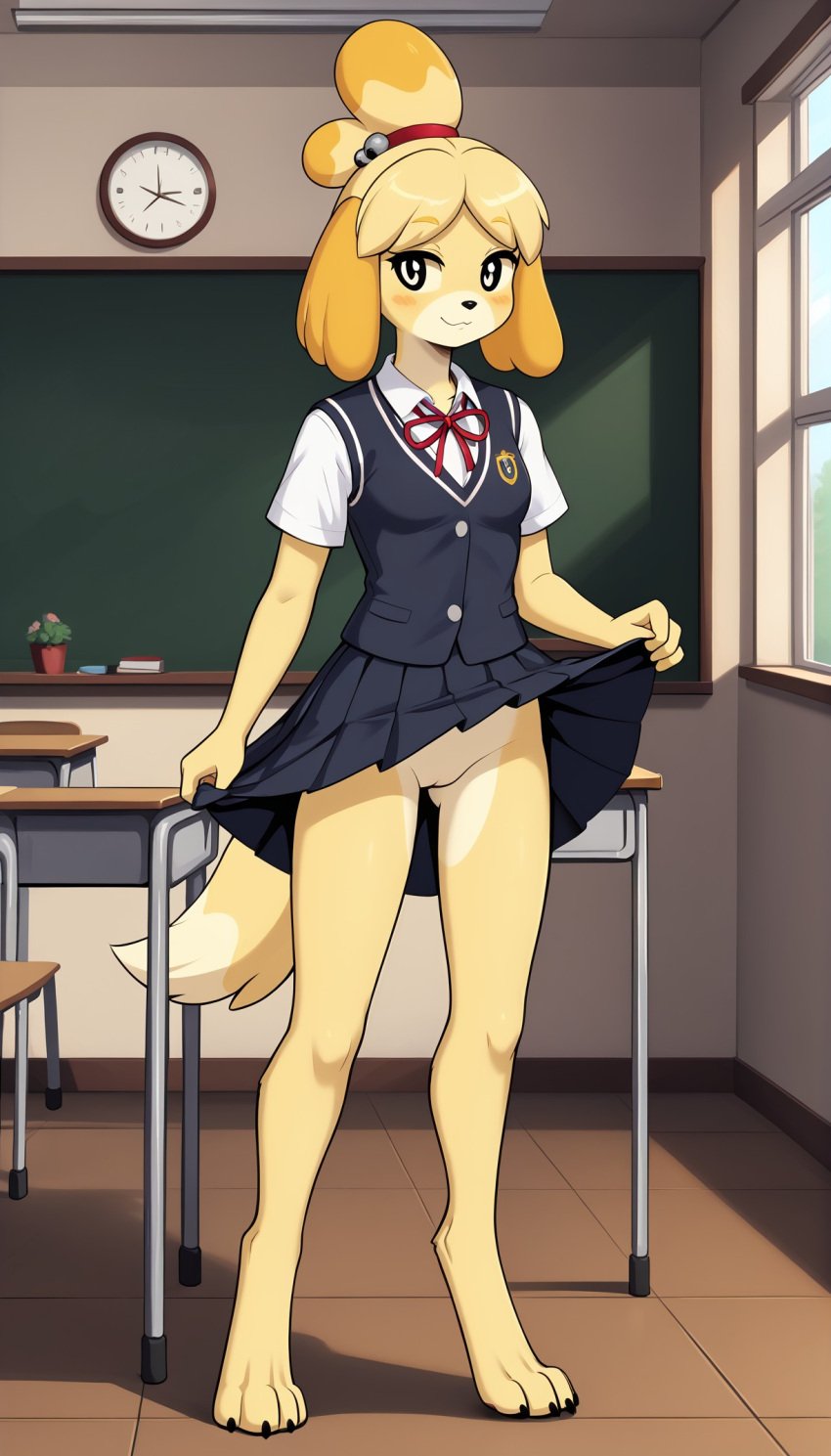 1girls 2024 ai_generated animal_crossing anthro blushing canine classroom digitigrade female female_only flashing flashing_pussy hi_res innie_pussy isabelle_(animal_crossing) mostly_clothed nintendo no_panties pussy school_uniform skirt skirt_lift smile yellow_fur