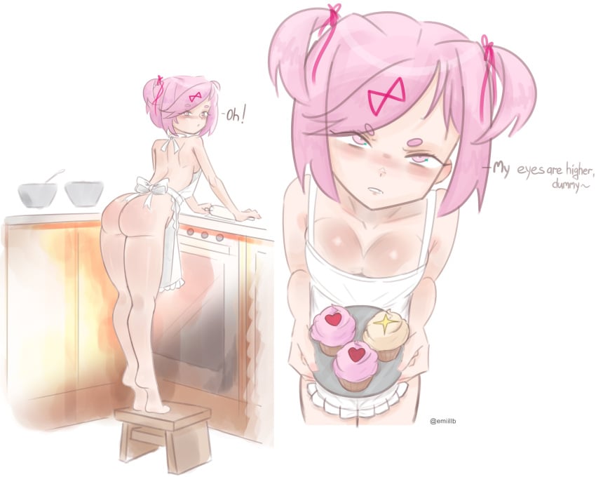 apron apron_only ass back back_view bare_shoulders braless breasts butt cleavage cupcake cupcakes dessert doki_doki_literature_club emiillb english_text female_focus food front_and_back front_view natsuki_(doki_doki_literature_club) no_bra pink_eyes pink_hair sweets text