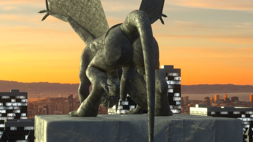 2020 3d anthro anus ass backsack balls bent_over blender_(artwork) bodily_fluids brooklyn_(gargoyles) city cityscape cum digital_media_(artwork) disney gargoyle gargoyles genital_fluids genitals hair hi_res humanoid_genitalia humanoid_penis inanimate_transformation leaking_cum male male_only no-name-no-problem penis petrification presenting presenting_hindquarters scalie sculpture solo statue transformation wings