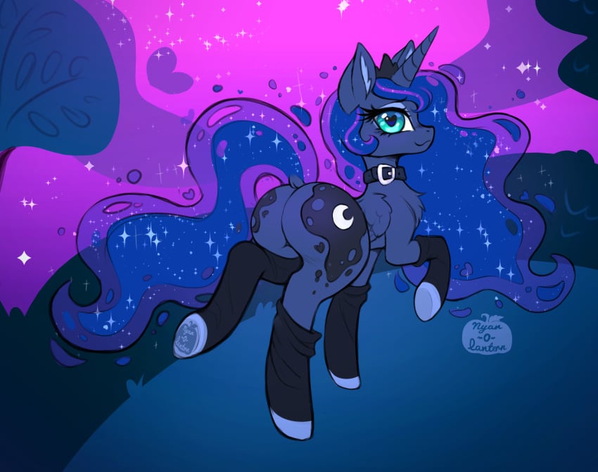 alicorn ass blue_eyes blue_fur collar cutie_mark equine hooves luna_(mlp) mlp:fim mlp_g4 my_little_pony my_little_pony_friendship_is_magic night night_sky nyan_o_lantern(artist) pony princess_luna_(mlp) stars thighhighs