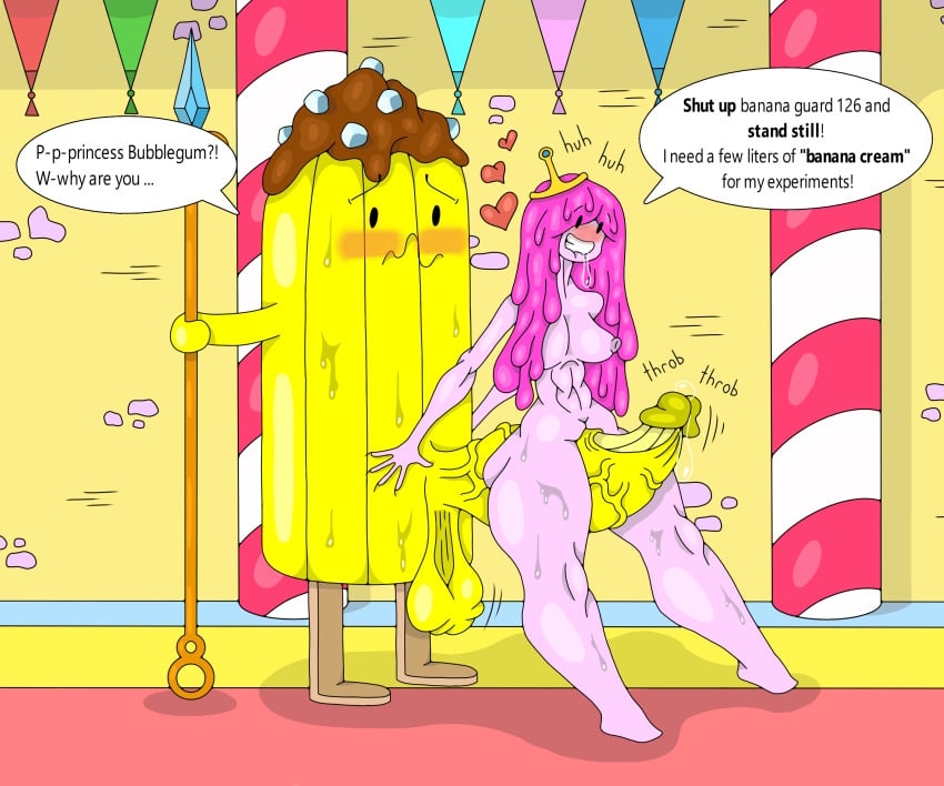 1boy 1girls 2d abs adventure_time ass banana banana_guard big_ass big_balls big_butt big_cock big_penis big_testicles blush blush blushing_female blushing_male bonnibel_bubblegum breasts bubble_gum candy candy_kingdom_(adventure_time) cartoon_network confused dialogue english_dialogue english_text female heart heart_symbol hearts_around_head huge_ass huge_balls huge_cock huge_cock huge_testicles huge_thighs male muscles nipple nipples penis penis_between_thighs pink_body pink_hair pink_nipples pluwaka precum precum_bubble princess_bubblegum rubbing_pussy smile smiling sweat sweating sweaty_body text thick_legs thick_penis thick_thighs thighs throbbing throbbing_balls throbbing_penis tiara twitching veins veins_on_dick veiny wide_hips without_clothes yellow_body