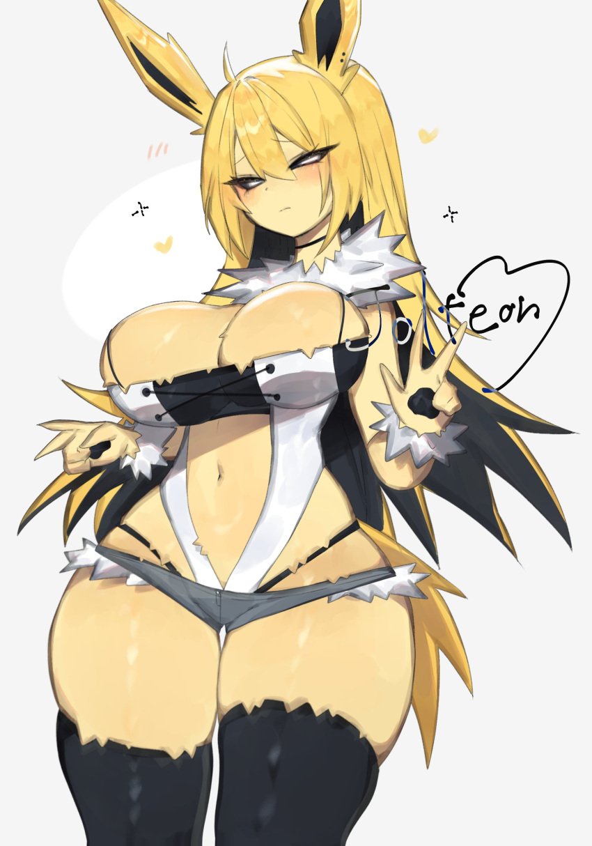 1girls anthro big_breasts black_hair black_sclera blonde_hair blush cleavage eeveelution female female_only generation_1_pokemon hi_res jolteon long_hair looking_at_viewer minishorts narrowed_eyes nintendo pokemon pokemon_(species) skindentation solo stockings text thick_thighs toge77789 togetoge two_tone_hair v_sign white_background white_eyes