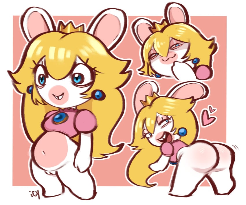 :3 ass blonde blonde_female blonde_hair blue_eyes bunny_ears bunny_girl butt crown female female_focus female_only headwear heart hearts iseenudepeople mario_(series) mario_+_rabbids mouth_open nintendo open_mouth pussy rabbid rabbid_peach solo super_mario_bros. tummy ubisoft