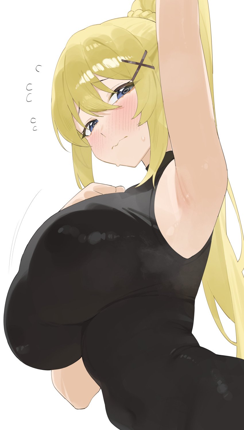 1girls absurd_res absurdres adult adult_female armpit armpit_crease armpit_focus armpit_peek armpits belly belly_button black_topwear blonde_eyebrows blonde_female blonde_hair blonde_hair blonde_hair_female blue_eyes blue_eyes_female blush blush_face blush_lines blushed_face blushing_at_viewer blushing_face blushing_female breasts busty busty_female busty_girl byeon_dha cleavage darkness_(konosuba) dot_nose elbows embarrassed embarrassed_expression embarrassed_female female female_focus female_only from_below hair_between_eyes hair_pin hairless_armpits hairpin hairpins hand_on_breast hand_on_chest hand_on_own_breast hand_on_own_chest high_resolution highres kono_subarashii_sekai_ni_shukufuku_wo! large_breasts lean_body lean_figure light-skined_female light-skinned light-skinned_female light_skin light_skin_female light_skinned light_skinned_female long_hair looking_at_viewer looking_down looking_down_at_viewer mature mature_female narrow_waist navel nervous nervous_expression nervous_face nervous_female nervous_sweat ponytail sexy_armpits shaved_armpits shy shy_expression sideboob sidelocks simple_background slender_body slender_waist slim_girl slim_waist smooth_armpits solo standing thin_waist topwear underboob upper_body white-skinned_female white_background white_skin