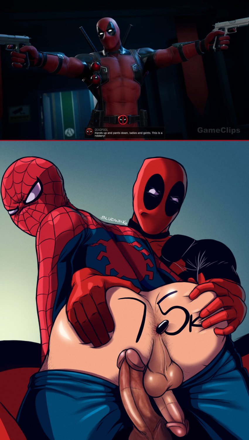 2boys 2koma 3rd_party_edit anal anal_object_insertion annoyed anus ass ass_grab ass_spread ass_squeeze backsack balls bara bludwing body_hair body_writing butt_focus butt_grab buttplug circumcised deadpool edit erection gay grin human human_only looking_back male_only marker marvel marvel_comics milestone_celebration pants_down penis penis_size_difference perineum peter_parker sharpie spider-man spider-man_(series) third-party_edit wade_wilson yaoi