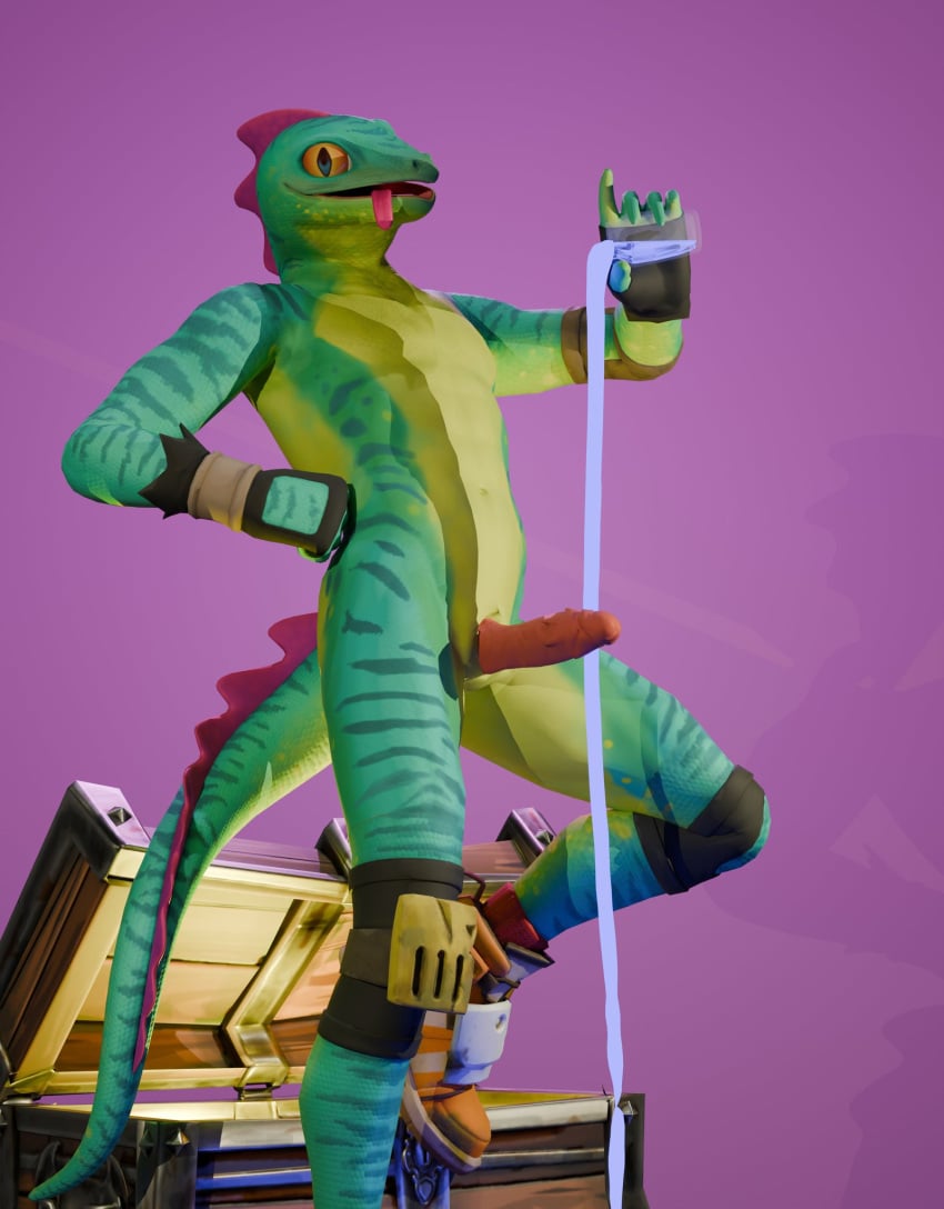 ambiguous_fluids anthro atletic blue_body chest_(disambiguation) clothing epic_games erection fortnite genitals gloves handwear hi_res lizard lizzik_(fortnite) looking_at_viewer male pat3awelitas300 penis reptile scalie solo tail