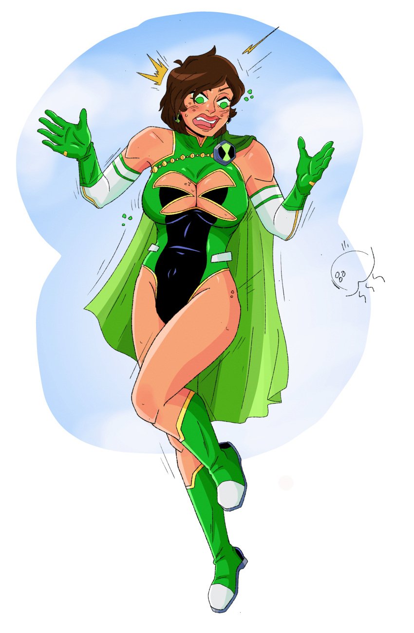 ben_10 ben_10000 ben_tennyson blush brown_hair cape cleavage_cutout dc dc_comics female_ben gender_transformation genderbent genderswap_(mtf) green_cape green_clothing green_eyes jmermelade karen_starr knee_boots kryptonian leotard long_gloves male_to_female omnitrix panic panicking power_ben power_girl superhero_costume superheroine surprise surprised surprised_expression tsf