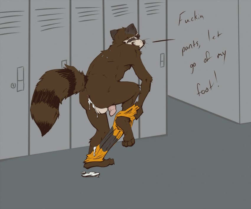 1boy after_sex anthro anus ass balls brown_fur clothed clothing cum cum_from_ass cum_in_ass cum_inside dialogue english_text fur furry furry_only gay guardians_of_the_galaxy half-dressed locker_room male male_only mammal marvel pants pants_down penis raccoon rear_view ringed_tail rocket_raccoon skunkjunkie solo standing text topless undressing whiskers yaoi