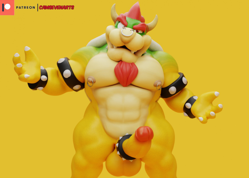 1boy abs anthro balls biceps boner bowser breasts camseven cock cock_ring dick evil glans hair male male_only mario_(series) muscular naked nintendo nose_ring pecs penis posing_at_viewer scales shell_less spike_rings tit_piercings triceps yellow