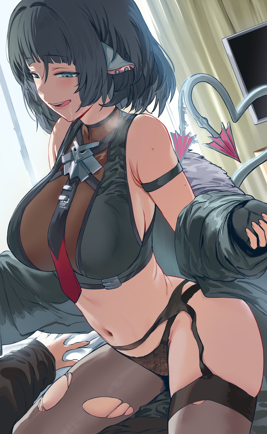 1boy 1girls 1other absurdres animal_ears arm_strap armpit_crease backlighting bare_shoulders bed black_garter_straps black_hair black_necktie black_panties black_pantyhose black_shirt black_thighhighs blush breasts commentary cowgirl_position crop_top curtains drooling dutch_angle female garter_belt garter_straps green_eyes green_jacket half-closed_eyes heavy_breathing hews highres indoors jacket jane_doe_(zenless_zone_zero) kneeling lace lace_panties large_breasts licking_lips long_sleeves looking_down mouse_ears mouse_girl mouse_tail naughty_face navel necktie on_bed open_clothes open_jacket open_mouth panties pantyhose red_necktie sharp_tail shirt short_hair sidelocks single_garter_strap single_leg_pantyhose single_thighhigh smile solo_focus stomach tail tail_wagging thighhighs tongue tongue_out torn_clothes torn_pantyhose torn_thighhighs two-tone_necktie underwear undressing window zenless_zone_zero