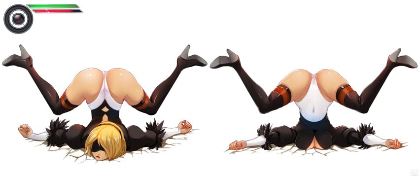 absurdres ass blindfold breasts cameltoe cleavage cosplay covered_navel crossover crossover_cosplay curvy defeat defeated faceplant female gravity_daze gravity_rush highres hip_focus humiliation kat_(gravity_rush) kitten_(gravity_daze) knocked_out leotard navel nier:_automata nier_(series) ryona skin_tight solo spread_legs thick_thighs thighs top-down_bottom-up unknowntico white_background wide_hips yorha_2b_(cosplay)