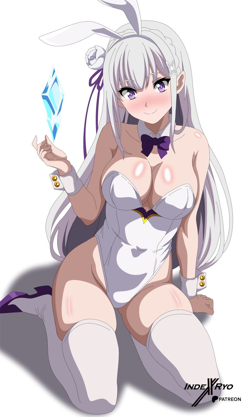 1girls bare_shoulders blush breasts bunny_ears bunnysuit cleavage elf elf_ears elf_female elf_girl emilia_(re:zero) hips indexryo looking_at_viewer on_floor purple_eyes re:zero_kara_hajimeru_isekai_seikatsu ribbon silver_hair sitting smile smiling_at_viewer solo solo_female thick_thighs thighhighs thighs white_background