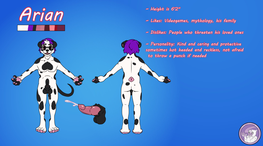 absurd_res animal_genitalia anthro arian arian_the_dalmatian balls bodily_fluids canid canine canis cum dalmatian domestic_dog eyewear genital_fluids genitals glasses hair hi_res hyperchibiabsol knot male mammal model_sheet pawpads paws penis purple_hair sheath spots