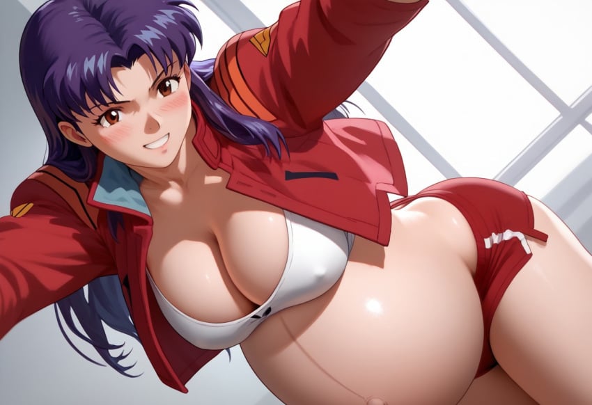 ai_generated big_belly big_breasts bra cleavage misato_katsuragi neon_genesis_evangelion panties pregnancy pregnant pregnant_belly ready_to_pop red_jacket