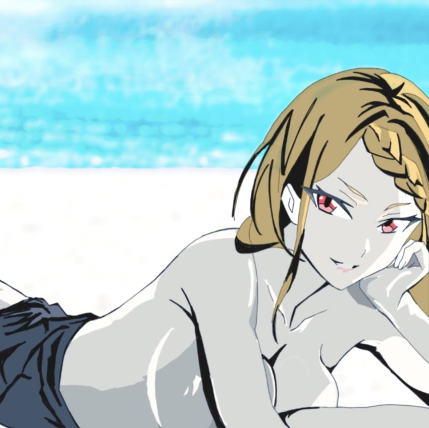 1girls armpits beach breasts cleavage looking_at_viewer lying_on_ground lying_on_stomach naked naked_female nude nude_female on_stomach orange_hair partially_clothed priscilla_barielle re:zero_kara_hajimeru_isekai_seikatsu red_eyes sideboob smiling_at_viewer solo solo_female topless topless_female