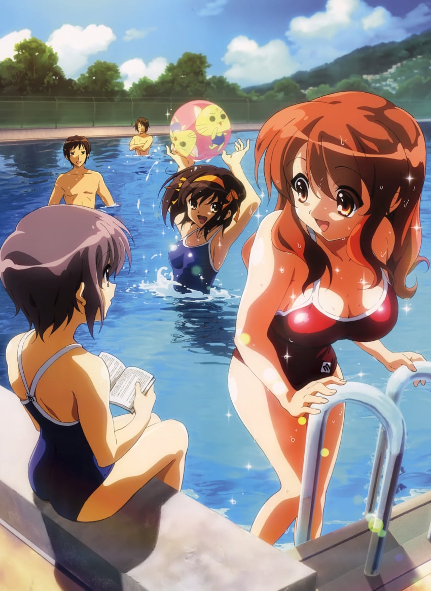 2boys 3girls :d armpits arms_up asahina_mikuru ball beachball book breasts brown_hair cleavage cloud competition_school_swimsuit crossed_arms day detexted fence hair_ribbon hairband highres hill koizumi_itsuki kyon large_breasts medium_breasts mole mole_on_breast multiple_boys multiple_girls nagato_yuki nishiya_futoshi one-piece_swimsuit open_book open_mouth outdoors pool pool_ladder poolside ribbon school_swimsuit short_hair sitting sky small_breasts smile soaking_feet sos_brigade sparkle suzumiya_haruhi suzumiya_haruhi_no_yuuutsu swimsuit third-party_edit tree water wet wet_hair