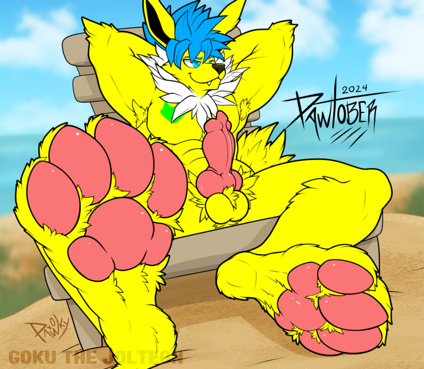 animal_genitalia animal_humanoid anthro balls beach eeveelution fur furry generation_1_pokemon genitals jolteon knot male muscular nintendo pawpads paws pawzzhky pokemon pokemon_(species) presenting solo