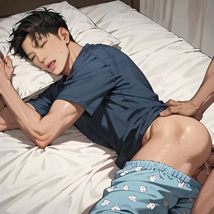 2boys ai_generated anal anal_penetration anal_sex black_shirt in_bed kpop kpop_idol male male/male male_only noncon nonconsensual pajama_pants pants_down rape real_person seventeen sleep_molestation sleep_sex sleeping sweat sweating tagme woozi