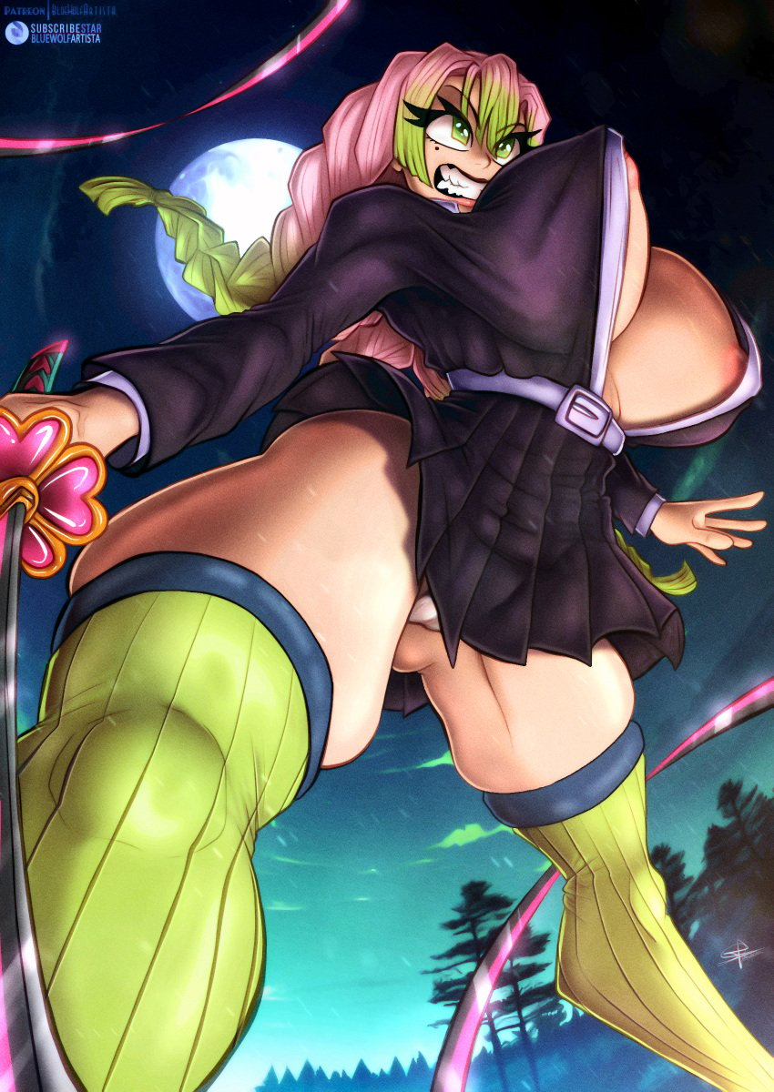 big_breasts bluewolfartista demon_slayer green_eyes green_hair huge_breasts kanroji_mitsuri katana kimetsu_no_yaiba massive_breasts neckline night nipple_bulge nipple_tweak nipples_visible_through_clothing panties panties_visible_through_clothing pink_hair short_skirt stockings thick_legs thick_thighs thighhighs thighs