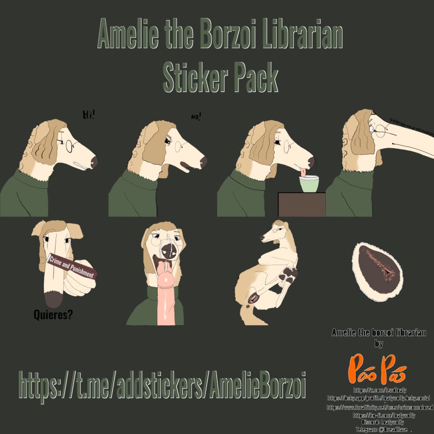 amelie_(crimsoncolored) animal_genitalia animal_pussy bodily_fluids book borzoi canid canine canine_genitalia canine_pussy canis crimsoncolored cum cum_in_mouth cum_inside cum_on_face curled_hair domestic_dog ejaculation eyewear female feral genital_fluids genitals glasses hair hi_res humanoid_genitalia humanoid_penis hunting_dog mammal meme oral penis pussy sighthound solo sticker tongue zoophilia