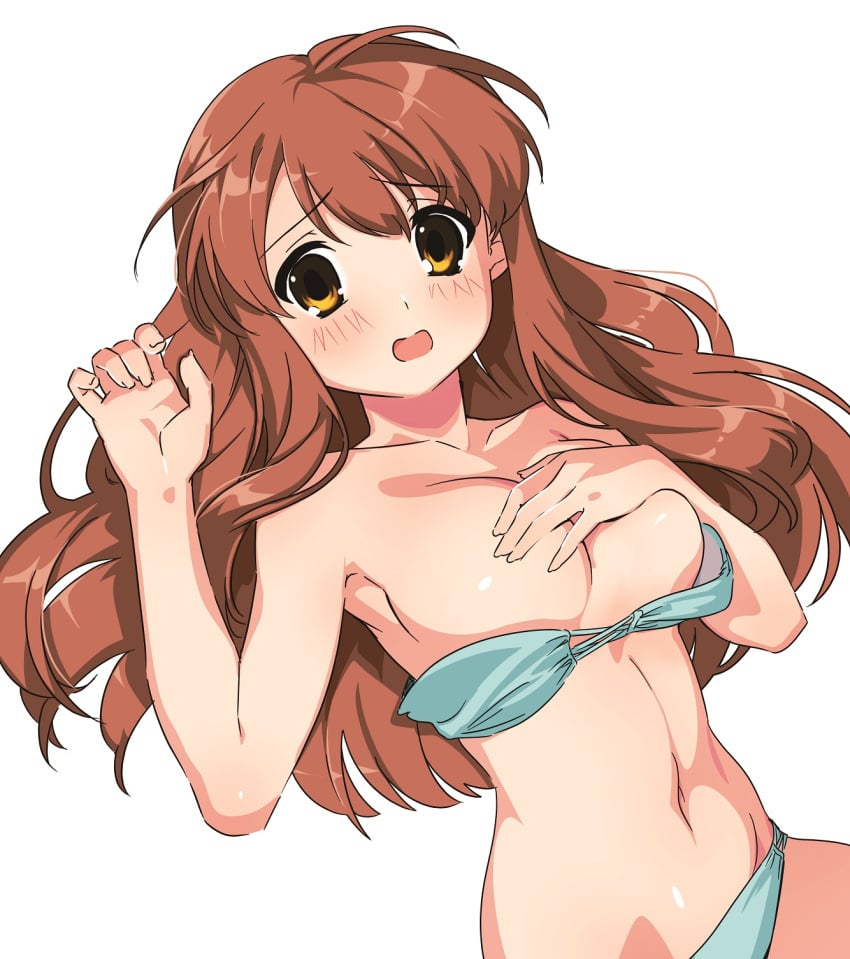 asahina_mikuru bikini blush breasts brown_eyes brown_hair collarbone commentary_request covering_breasts covering_privates female green_bikini hand_on_own_chest hands_up highres ichimi_renge large_breasts linea_alba long_hair looking_at_viewer navel open_mouth second-party_source simple_background solo suzumiya_haruhi_no_yuuutsu swimsuit wardrobe_malfunction wavy_mouth white_background