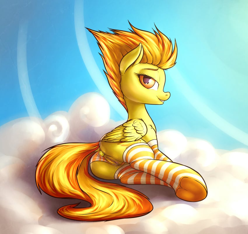 2014 buttplug clothing cutie_mark equine female feral friendship_is_magic fshydale fur hair looking_at_viewer mammal my_little_pony orange_hair outside panties panties_aside pegasus pussy quadruped sex_toy socks solo spitfire_(mlp) striped striped_legwear underwear wings wonderbolts_(mlp) yellow_fur