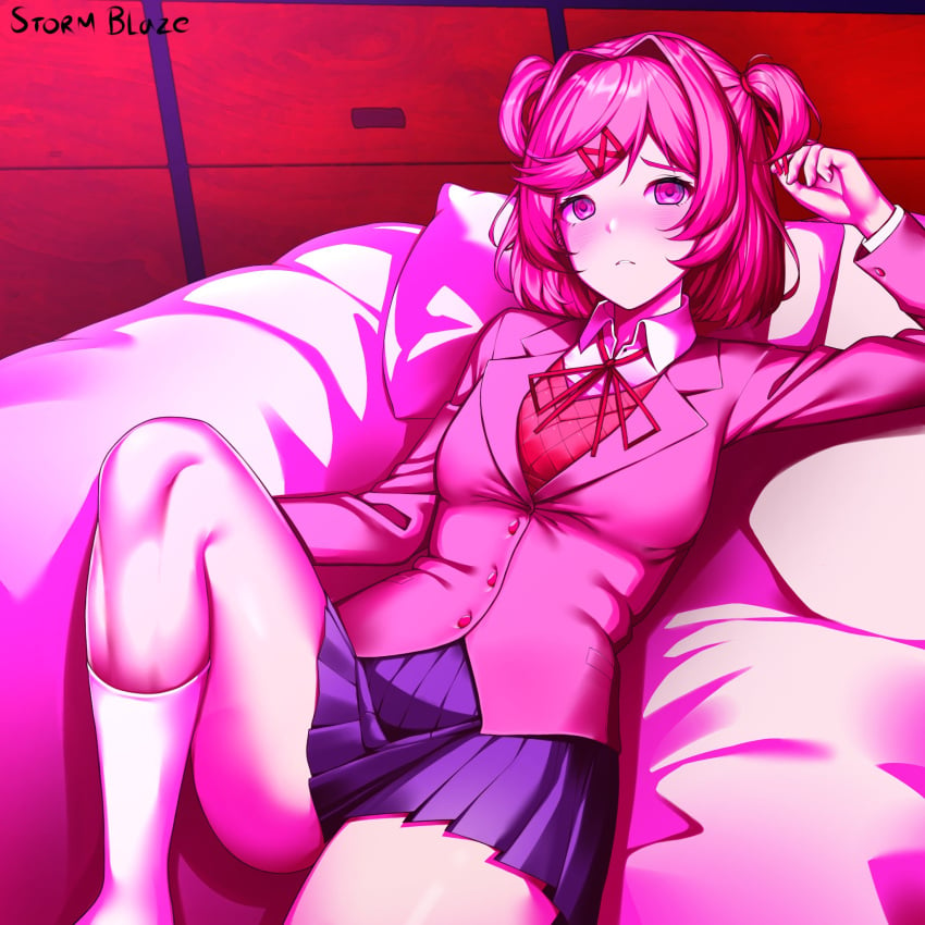 bedroom_eyes before_sex blush blush doki_doki_literature_club looking_at_viewer natsuki_(doki_doki_literature_club) on_back on_bed stormblaze76