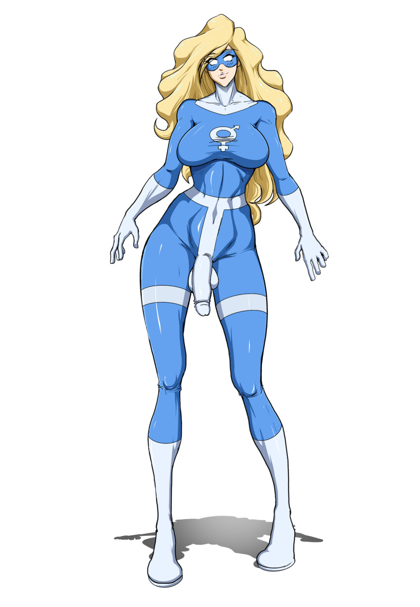 1futa athletic_futanari balls big_breasts big_penis blonde_hair bodysuit condom_suit eyemask flaccid_penis futa-woman futa_only futanari gloves halfro intersex large_breasts long_hair long_penis penis penis_outline pinup skin_tight superheroine toned_stomach