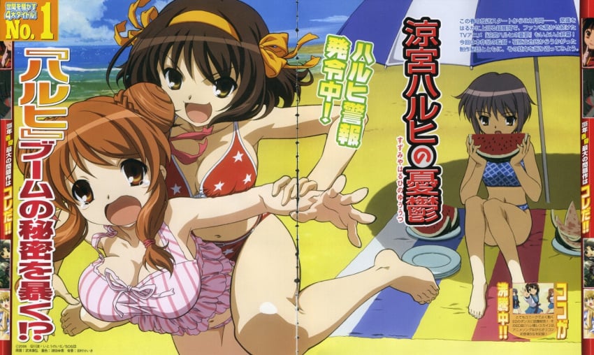 3girls asahina_mikuru bikini brown_hair crease food fruit holding holding_food holding_fruit holding_watermelon multiple_girls nagato_yuki scan short_hair star_(symbol) star_print striped_bikini striped_clothes suzumiya_haruhi suzumiya_haruhi_no_yuuutsu swimsuit takemoto_yasuhiro vertical-striped_bikini vertical-striped_clothes watermelon